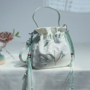 Embroidered Green Pear Blossom Canvas Tote Crossbody Bag Shoulder Bag Handbag