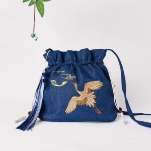 Embroidered Navy Blue Crane Cotton Linen Crossbody Bag Shoulder Bag