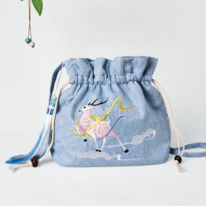 Embroidered Light Blue Fairy Deer Auspicious Clouds Cotton Linen Crossbody Bag Shoulder Bag