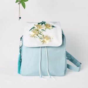 Handmade Blue Epiphyllum Embroidered Large Capacity Canvas Backpack
