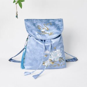 Handmade Blue Camellia Embroidered Large Capacity Polyester Cotton Backpack
