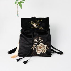 Handmade Black Peony Embroidered Large Capacity Polyester Cotton Backpack
