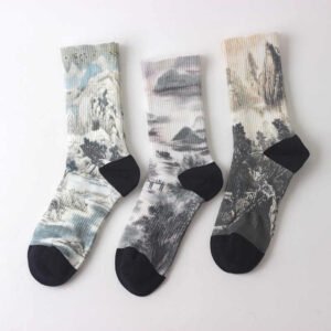 Chinese Ink Painting Landscape Pattern Micro Crew Three Pairs Men Women Unisex Socks