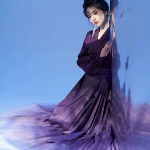 Ming style Hanfu aircraft sleeve top, dark purple gradient horse face skirt